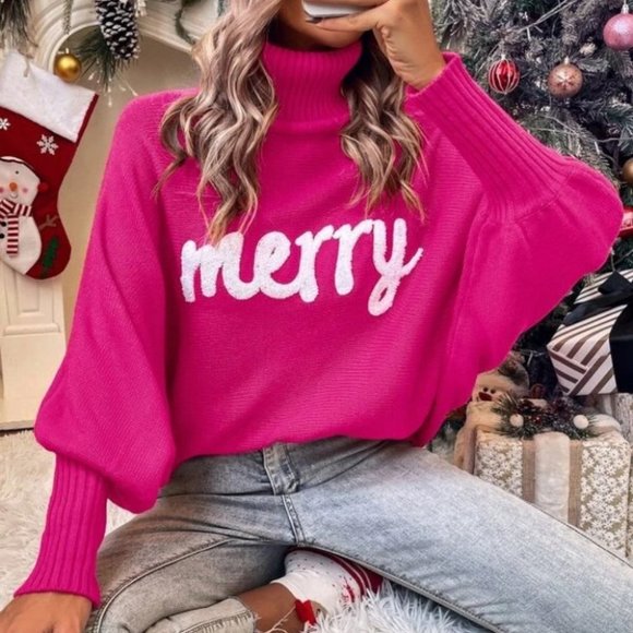 MODA ME COUTURE Sweaters - Holiday Turtleneck Dolman Sleeve knit Sweater top Pink